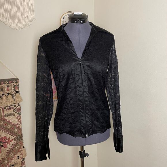 y2k vintage 2000's black lace long sleeve zip up blouse | size small - Picture 9 of 9